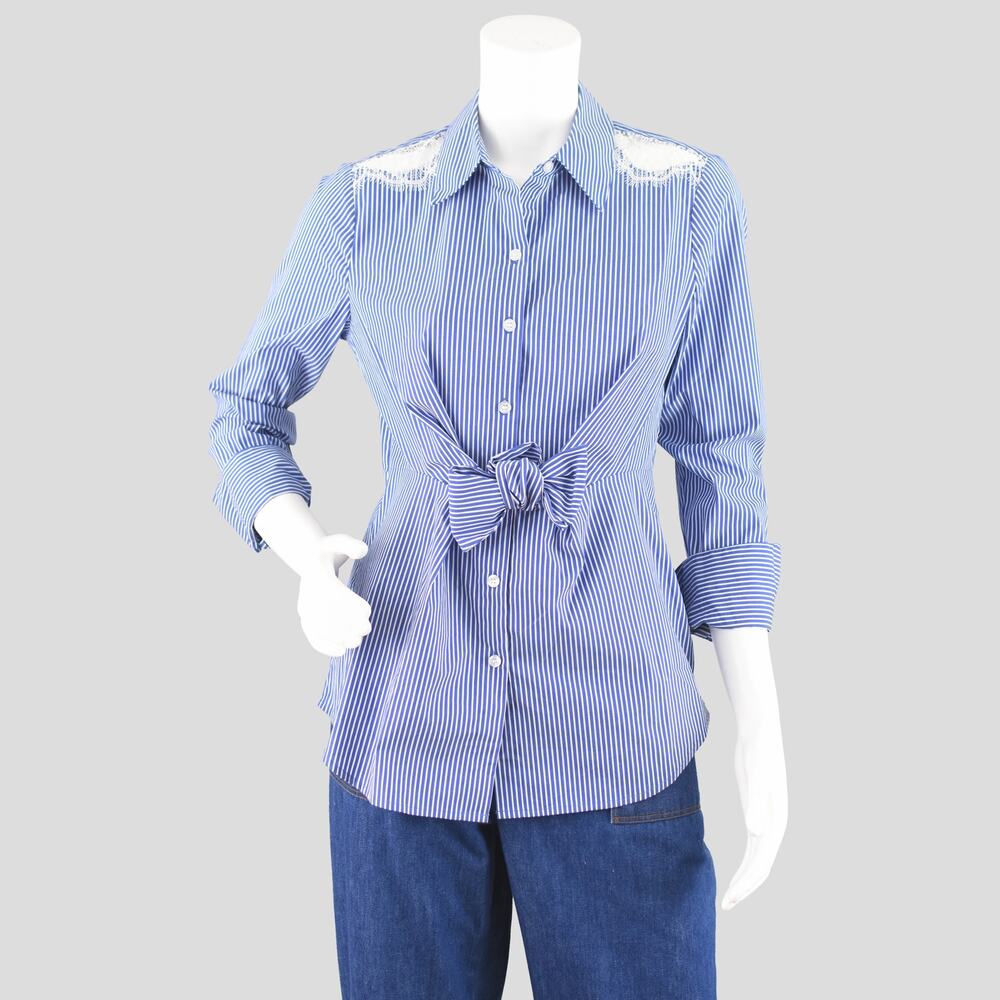 INC Blue Striped Tied Front Shirt with Lace Inserts, Women's Petite Medium